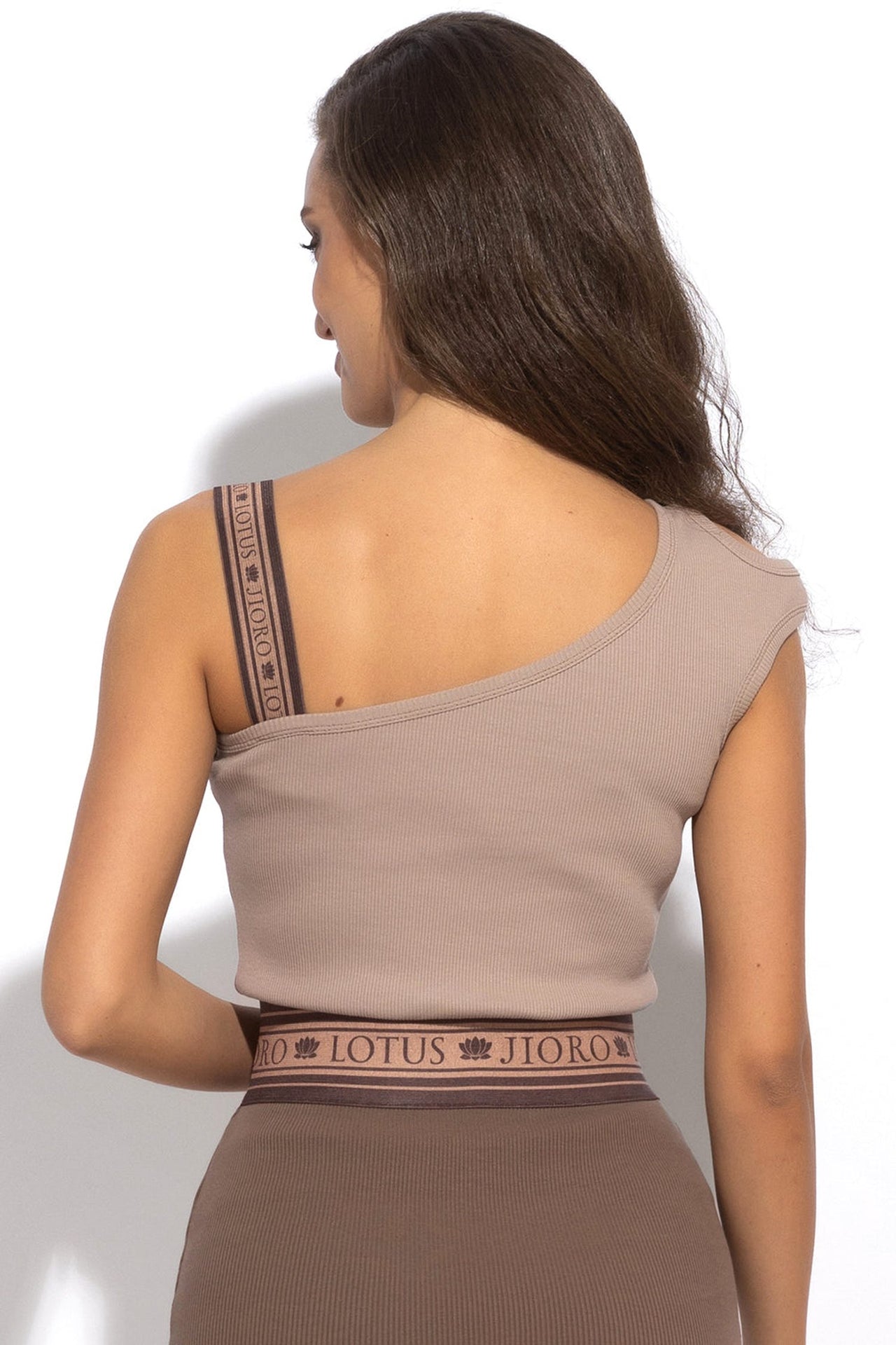 ASYMMETRICAL RIBBED TANK TOP IN BEIGE WITH ELASTIC STRAP MOCHA MOUSSE LOGO - ESSENTIALS