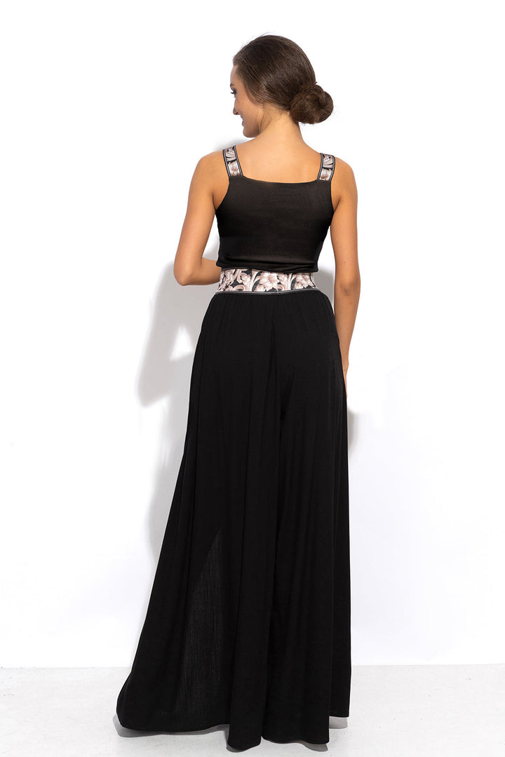 BLACK VISCOSE PANTS WITH ELASTIC WAIST IN BAROQUE PEARL AND SLITS - ESSENTIALS - Fashion Roots