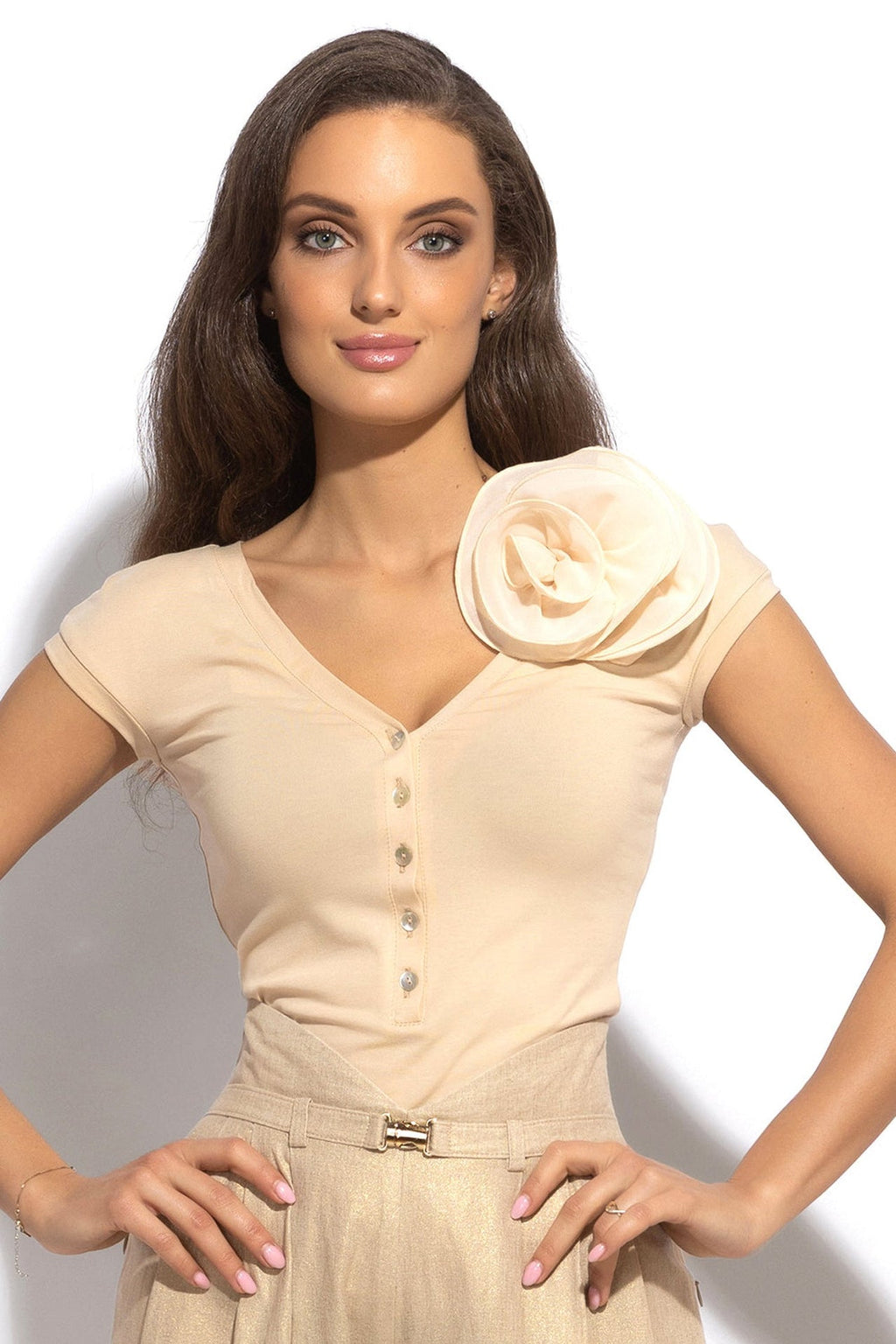 COTTON BUTTONED T-SHIRT WITH SHOULDER FLOWER - ESSENTIALS - Fashion Roots