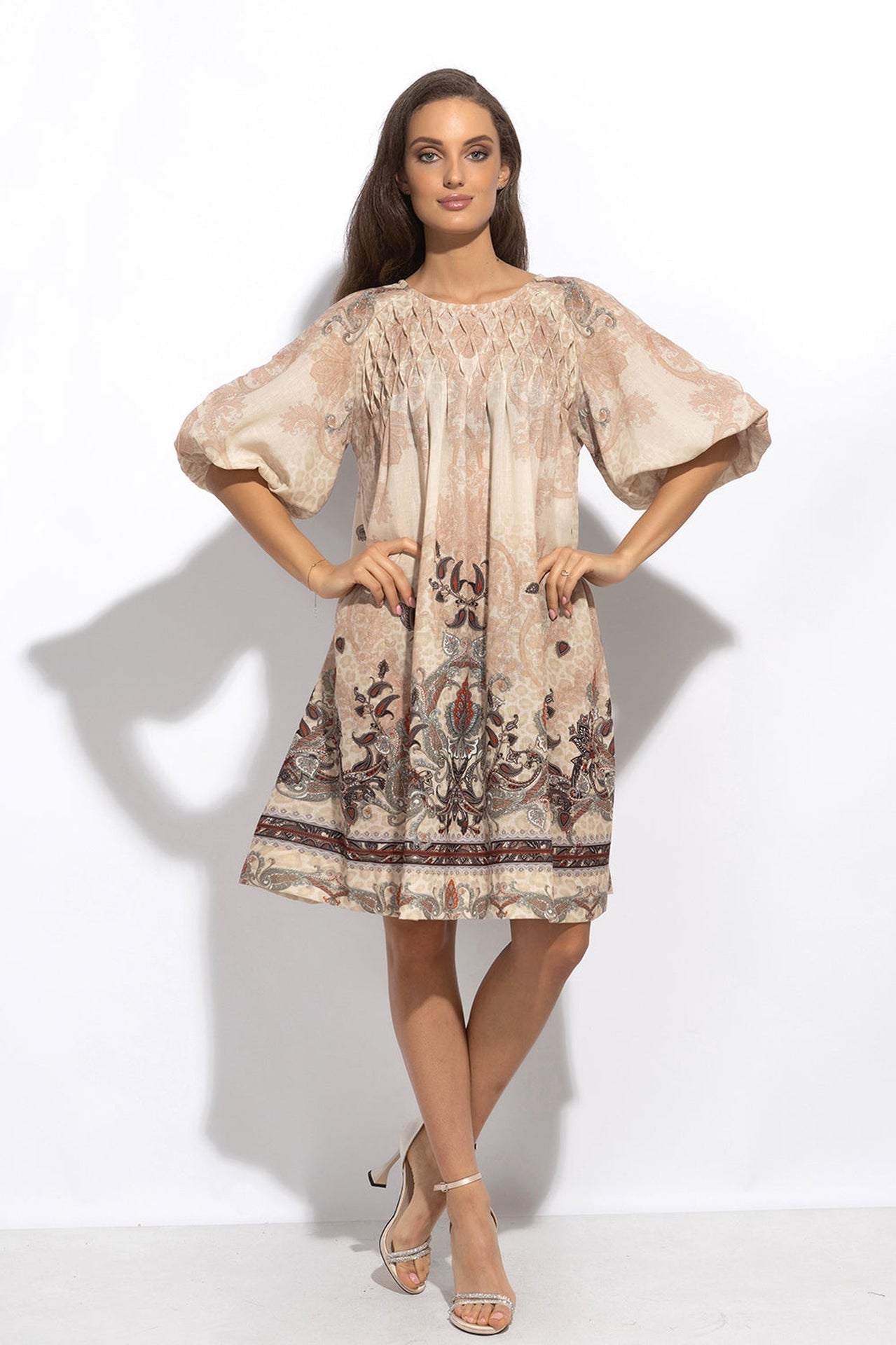 LINEN-LIKE BOHO DRESS – PAISLEY BEIGE - Fashion Roots