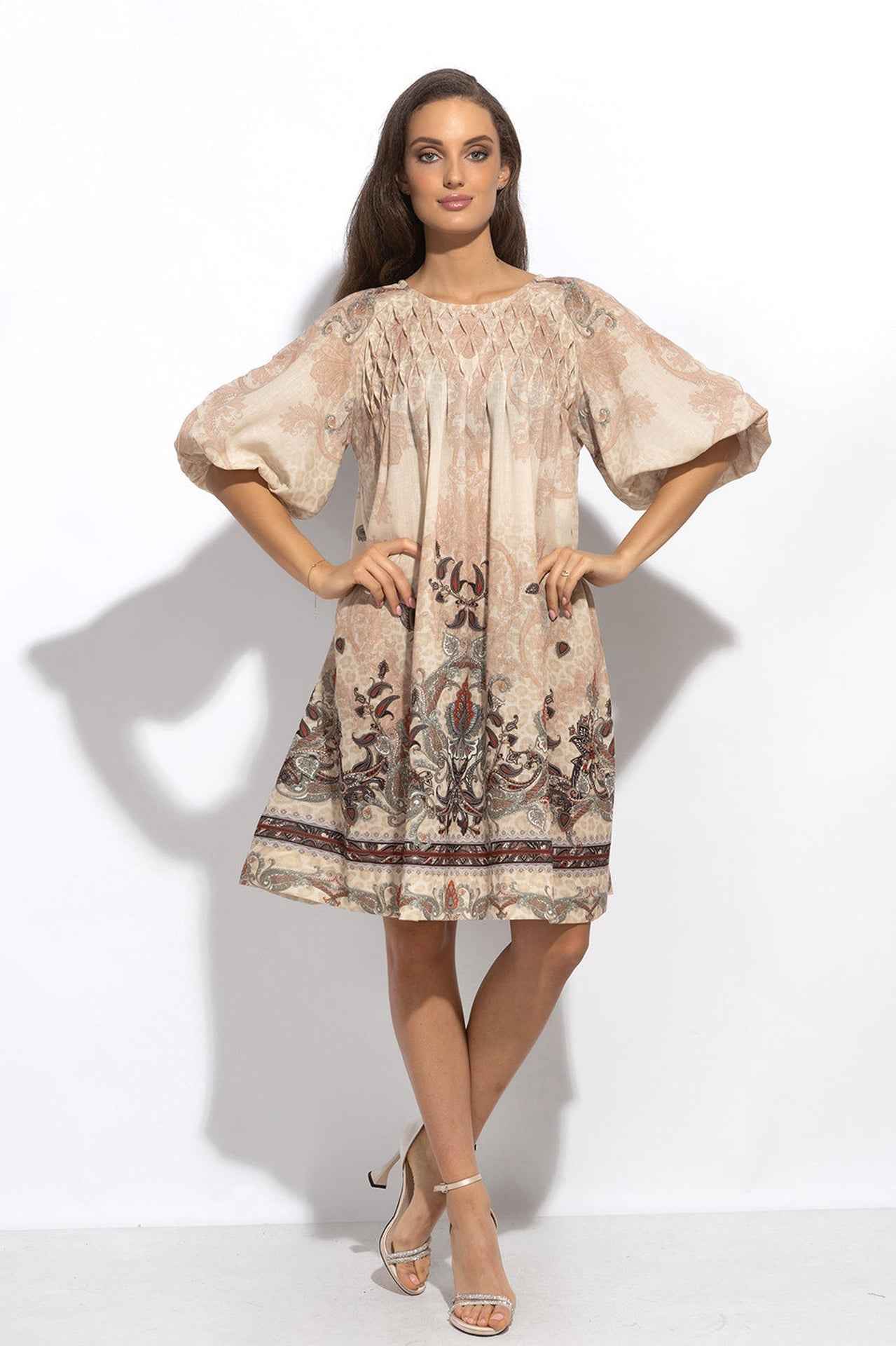 LINEN-LIKE BOHO DRESS – PAISLEY BEIGE