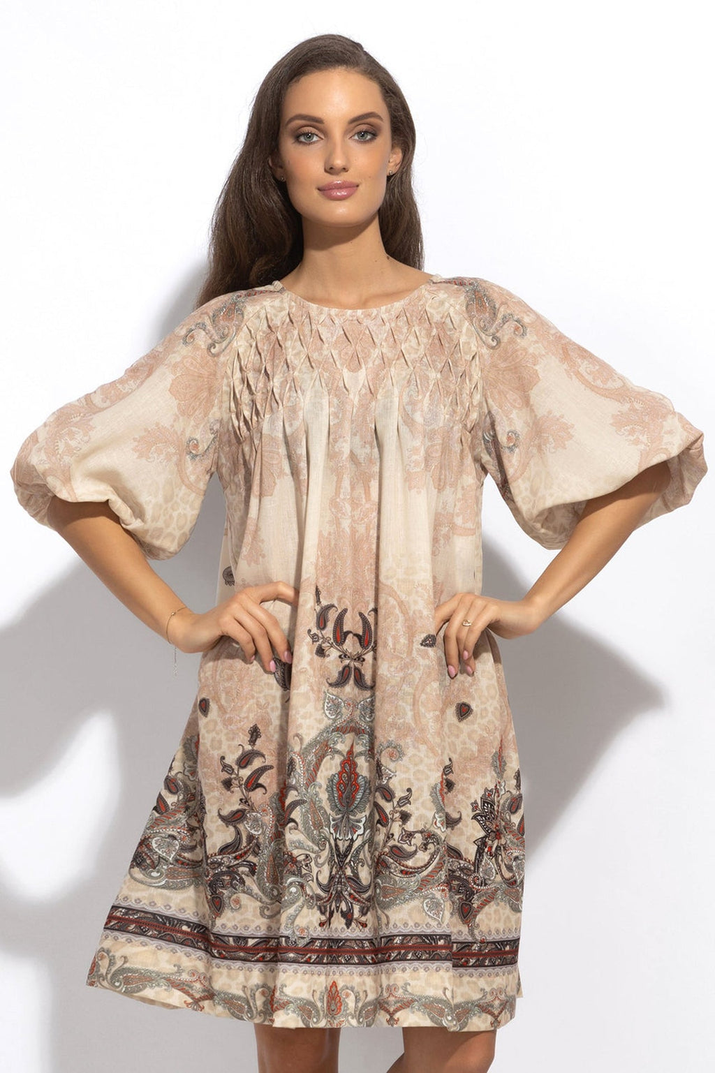 LINEN-LIKE BOHO DRESS – PAISLEY BEIGE - Fashion Roots