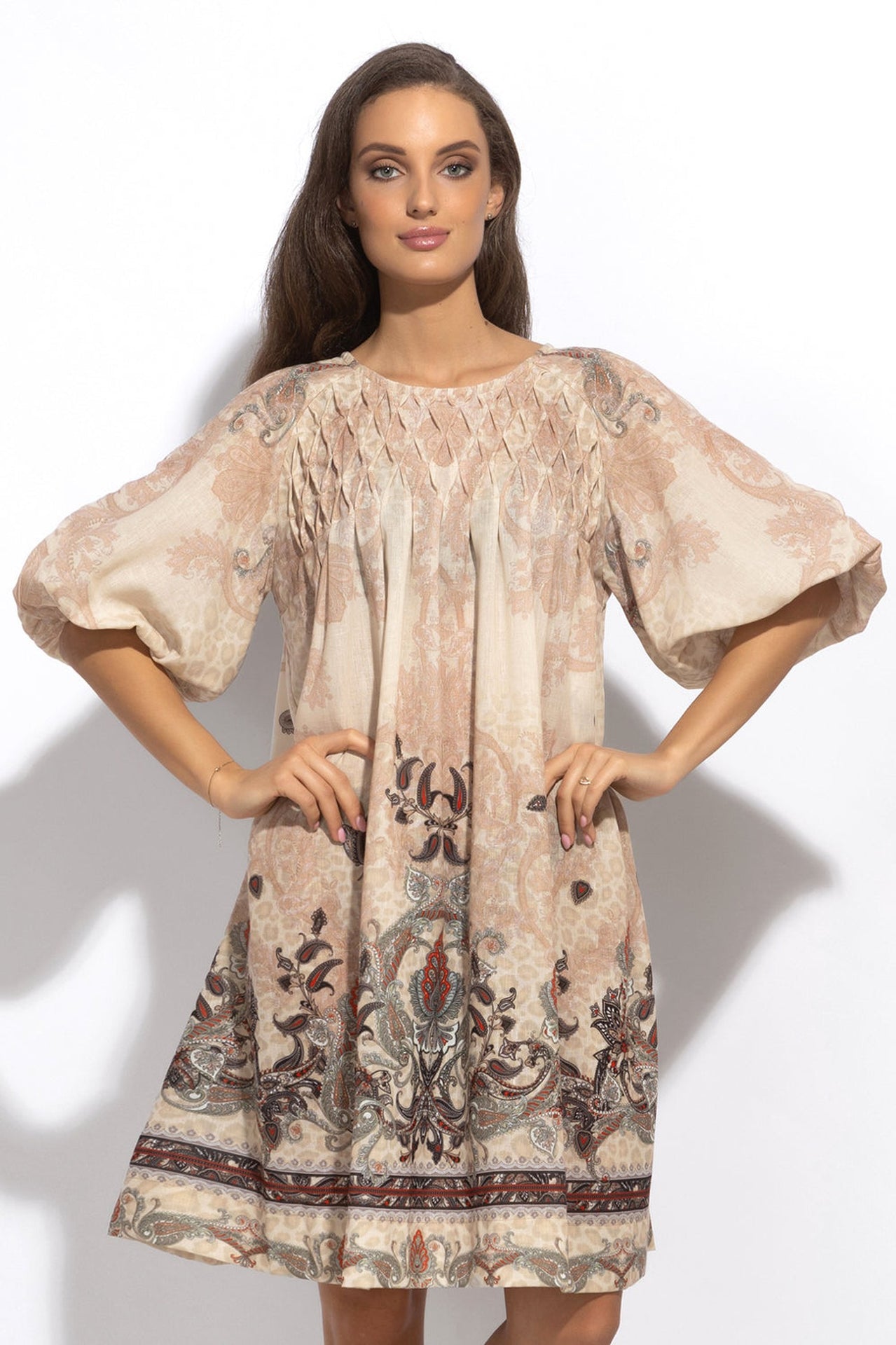 LINEN-LIKE BOHO DRESS – PAISLEY BEIGE - Fashion Roots