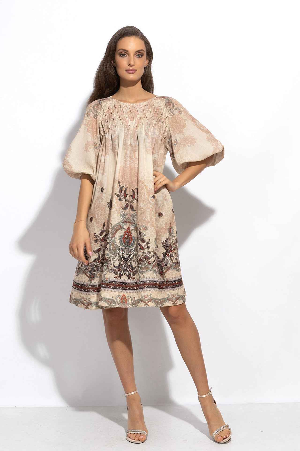 LINEN-LIKE BOHO DRESS – PAISLEY BEIGE