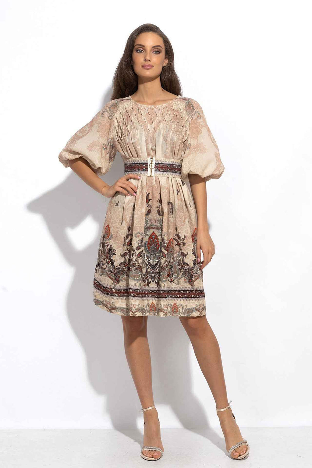LINEN-LIKE BOHO DRESS – PAISLEY BEIGE