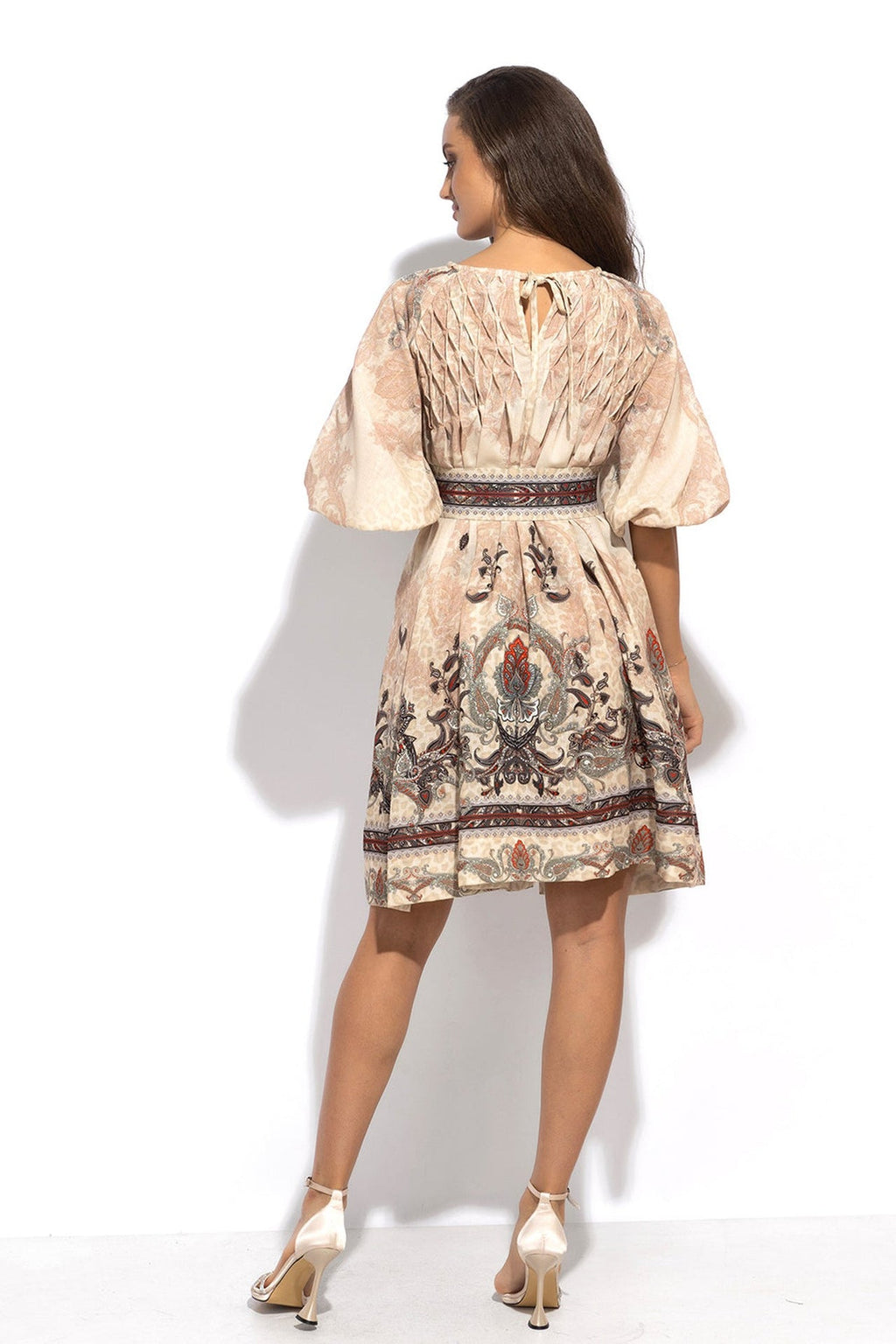 LINEN-LIKE BOHO DRESS – PAISLEY BEIGE - Fashion Roots