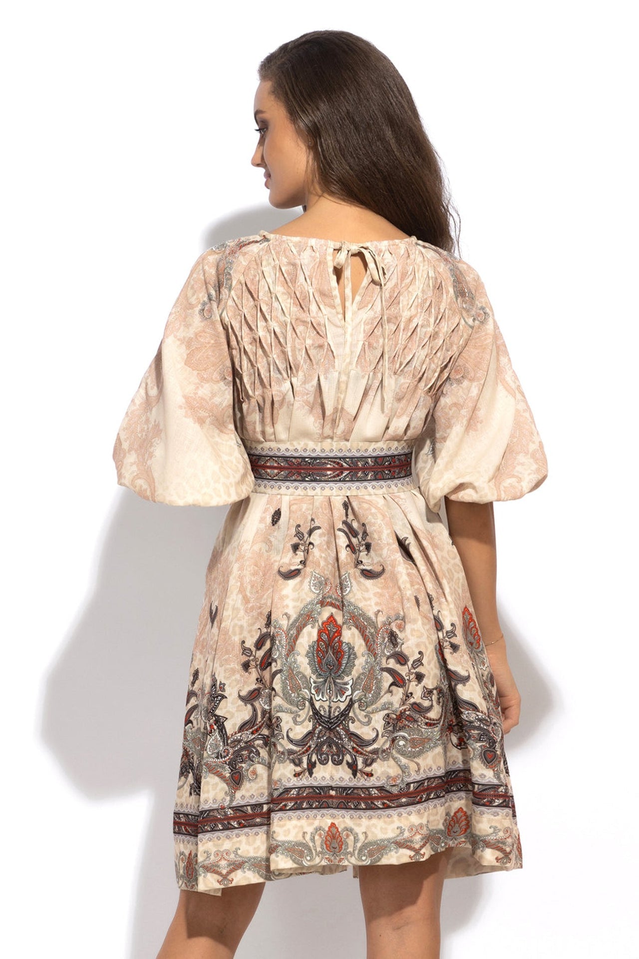 LINEN-LIKE BOHO DRESS – PAISLEY BEIGE - Fashion Roots