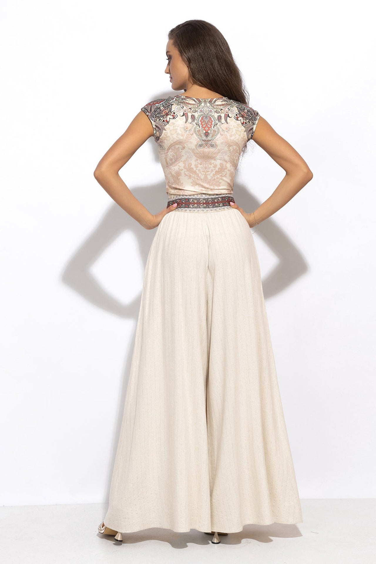 HIGH-WAISTED VISCOSE-LINEN PANTS WITH SLITS IN ECRU STRIPED - ESSENTIALS