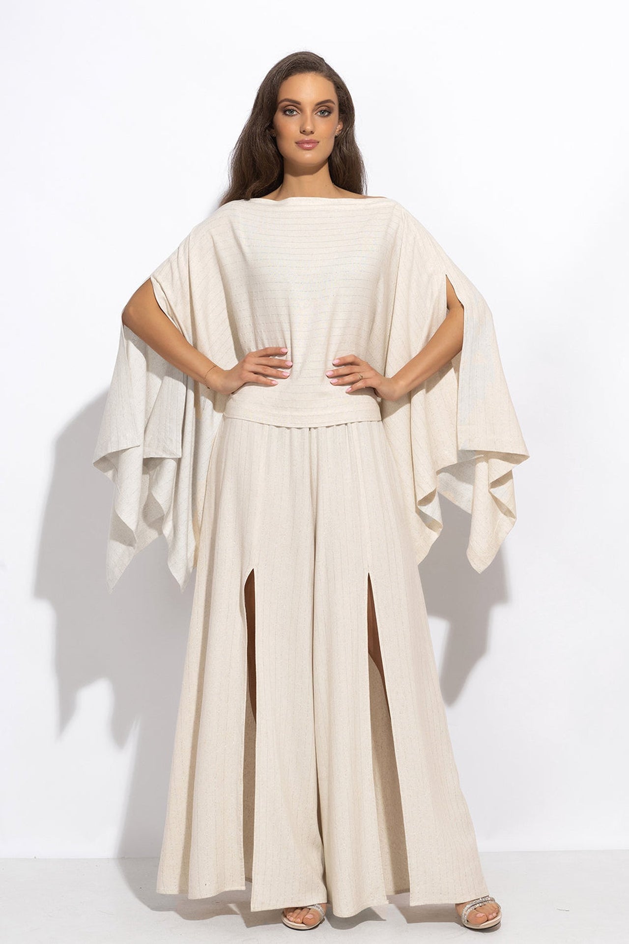 HIGH-WAISTED VISCOSE-LINEN PANTS WITH SLITS IN ECRU STRIPED - ESSENTIALS