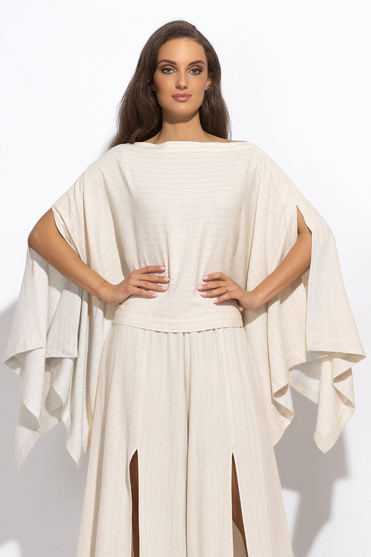 RELAXED VISCOSE-LINEN TUNIC WITH SIDE SLITS IN ECRU STRIPED - ESSENTIALS