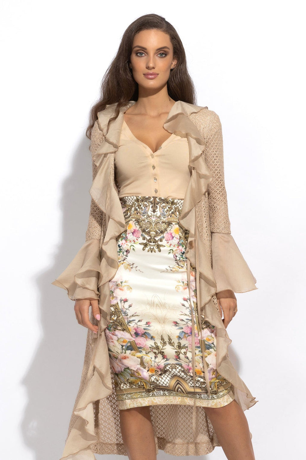 COTTON MESH CARDIGAN WITH RUFFLES - ESSENTIALS - Fashion Roots