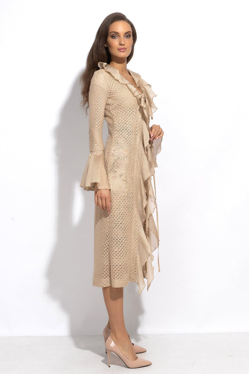 COTTON MESH CARDIGAN WITH RUFFLES - ESSENTIALS - Fashion Roots