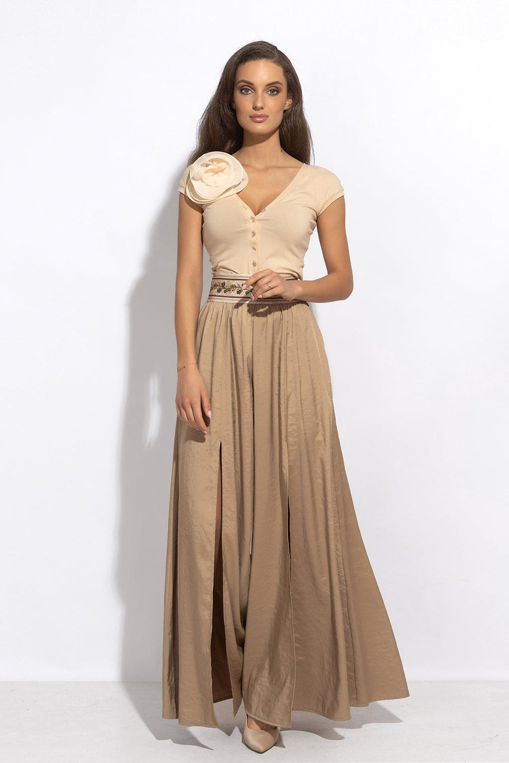 COTTON BUTTONED T-SHIRT WITH SHOULDER FLOWER - ESSENTIALS - Fashion Roots
