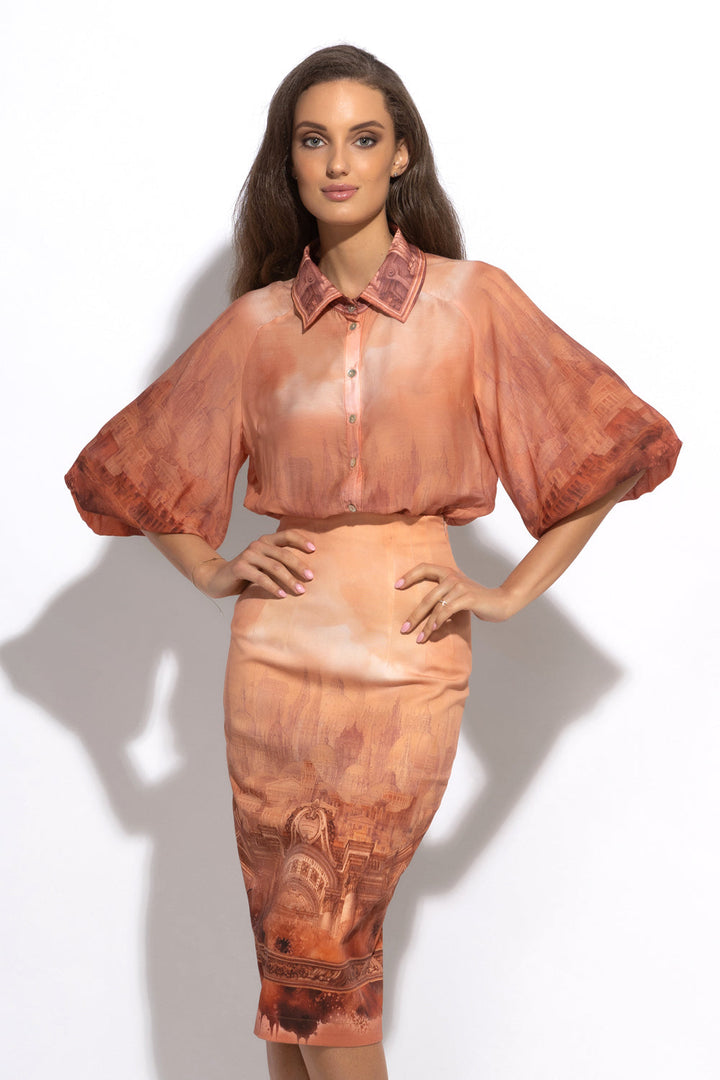 3/4-SLEEVE SHIRT WITH ELASTIC HEM AND SHELL BUTTON PLASTRON IN VISCOSE-SILK - ANCIENT TOWN JIORO РИЗА С 3/4 РЪКАВ ОТ ВИСКОЗА И КОПРИНА - ANCIENT TOWN JIORO