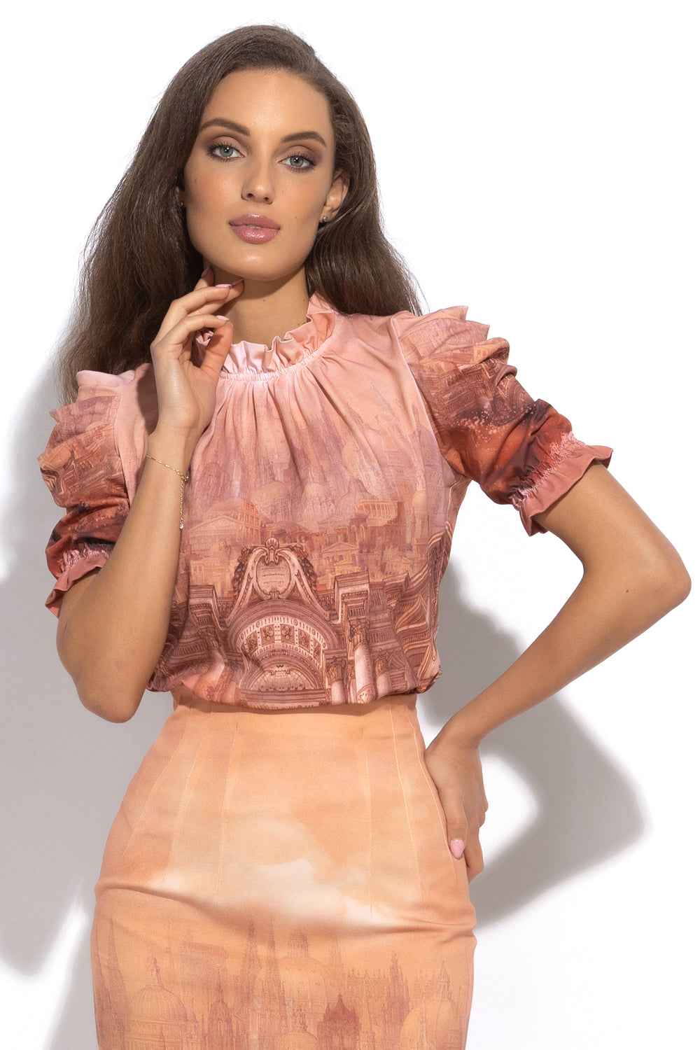 JERSEY COTTON BLOUSE WITH RUFFLED STAND COLLAR AND PUFF SLEEVES - ANCIENT TOWN