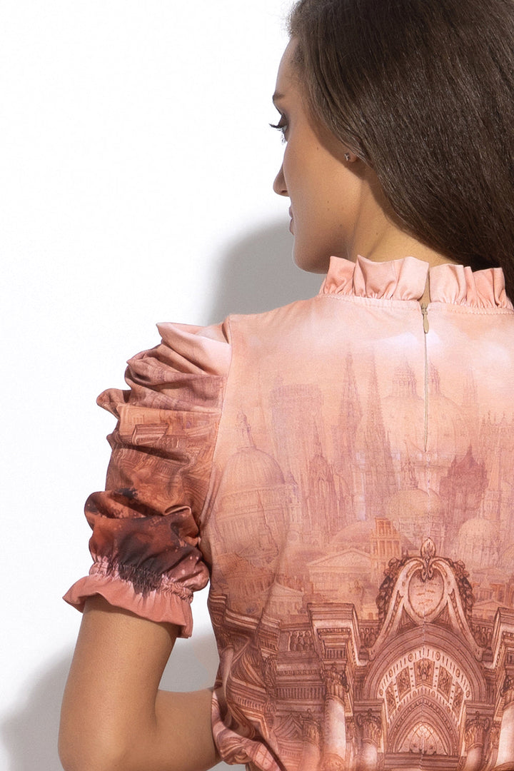 JERSEY COTTON BLOUSE WITH RUFFLED STAND COLLAR AND PUFF SLEEVES - ANCIENT TOWN JIORO БЛУЗА ОТ ПАМУК С РУЖКИ И БУФАН РЪКАВ - ANCIENT TOWN JIORO