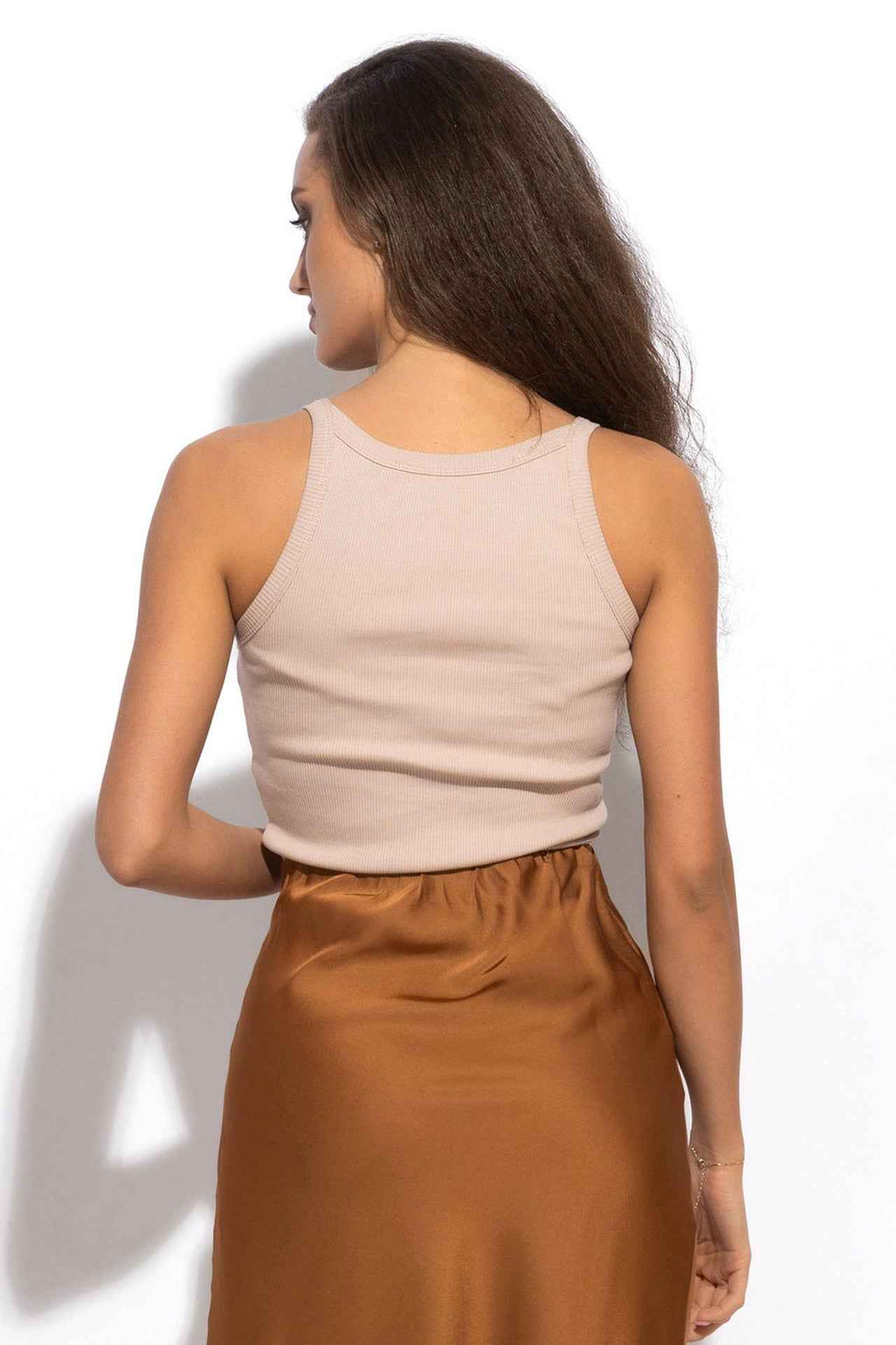 COTTON RIBBED CAMI TOP WITH THIN STRAPS IN BEIGE - ESSENTIALS