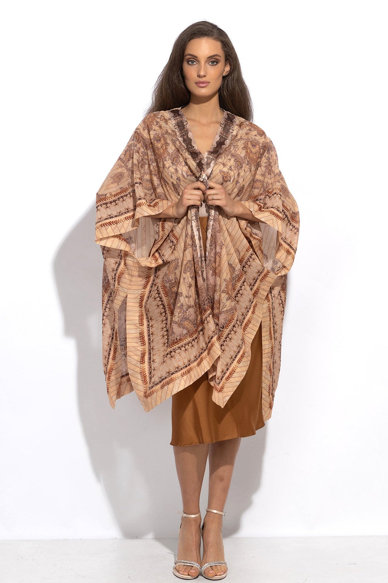 SILK COTTON KIMONO DRESS - LEO BEIGE - Fashion Roots