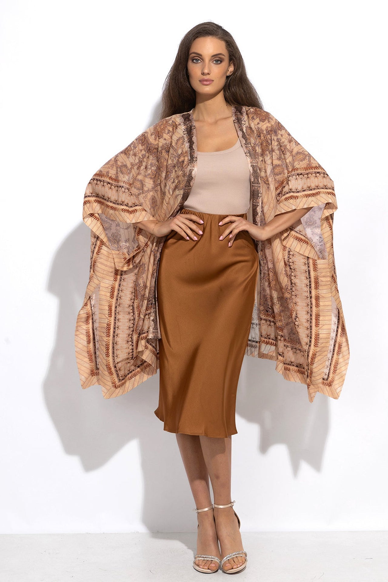 SILK COTTON KIMONO DRESS - LEO BEIGE - Fashion Roots