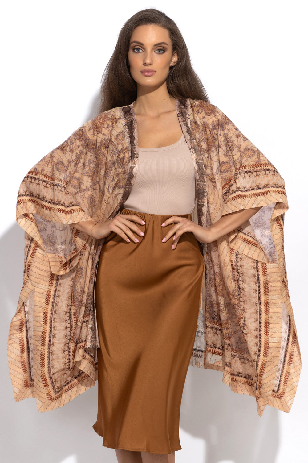 BIAS-CUT SATIN SKIRT WITH ELASTIC WAISTBAND IN BROWN - ESSENTIALS
