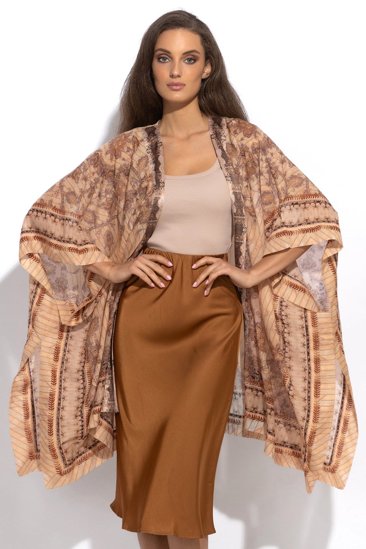 SILK COTTON KIMONO DRESS - LEO BEIGE - Fashion Roots
