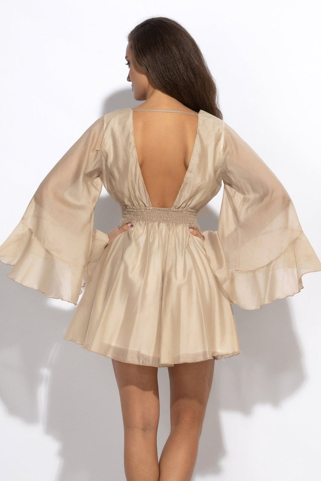 SHORT LYOCELL DRESS WITH WIDE SLEEVES IN BEIGE - ESSENTIALS - Fashion Roots