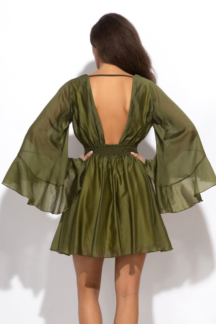 SHORT TENCEL DRESS WITH WIDE SLEEVES IN OLIVE GREEN - ESSENTIALS