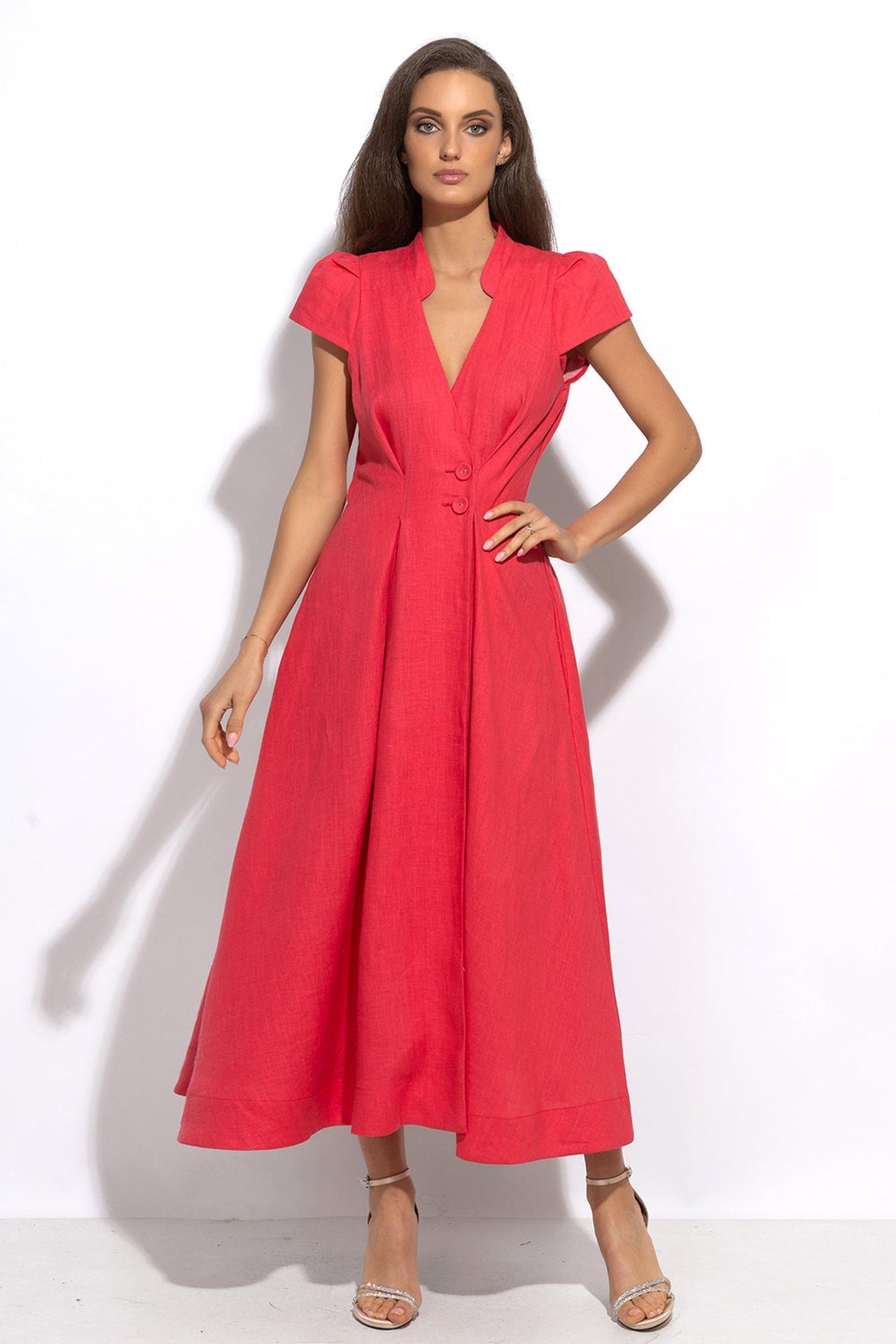 LONG FLARED LINEN DRESS IN FUCHSIA - ESSENTIALS - Fashion Roots