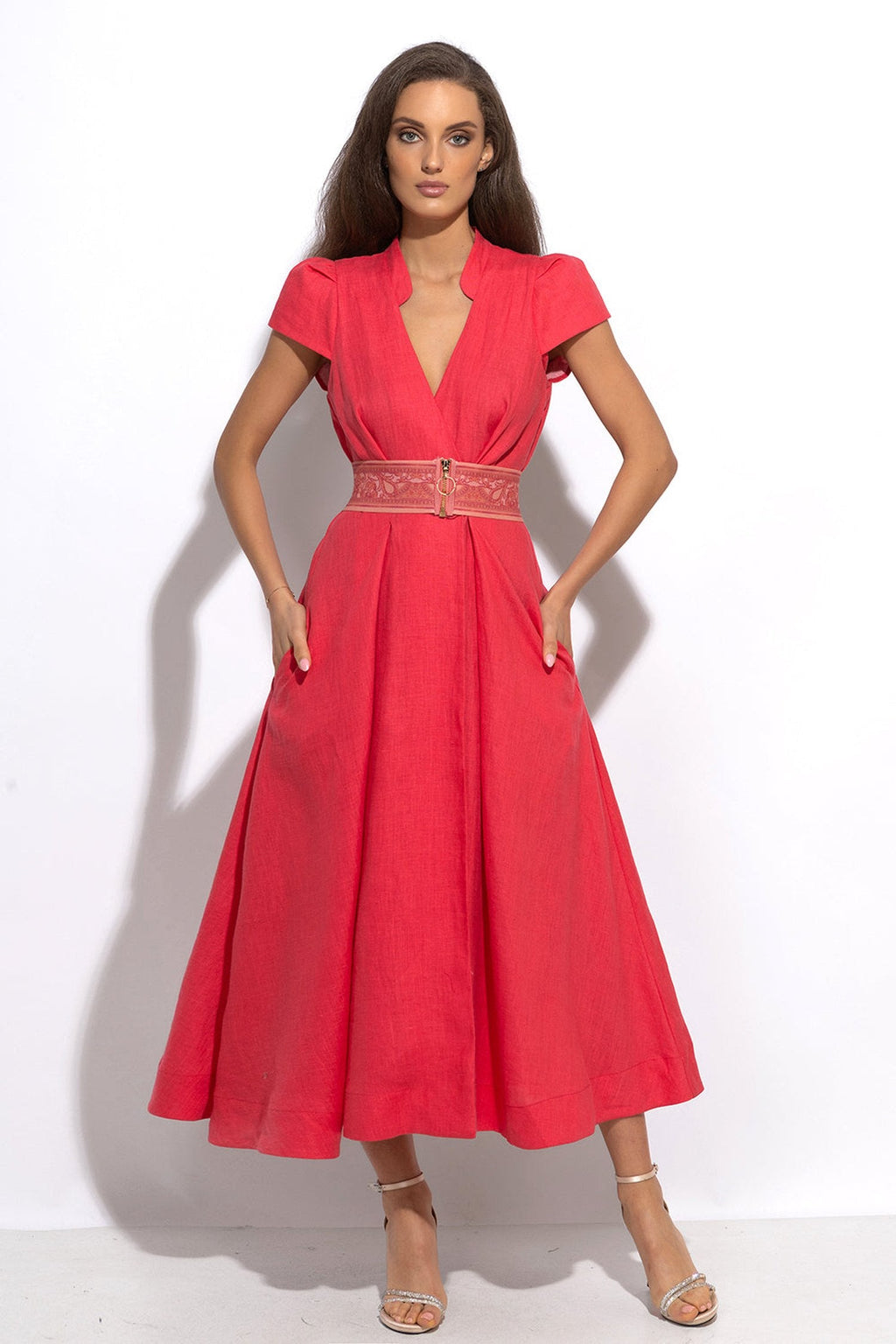 LONG FLARED LINEN DRESS IN FUCHSIA - ESSENTIALS