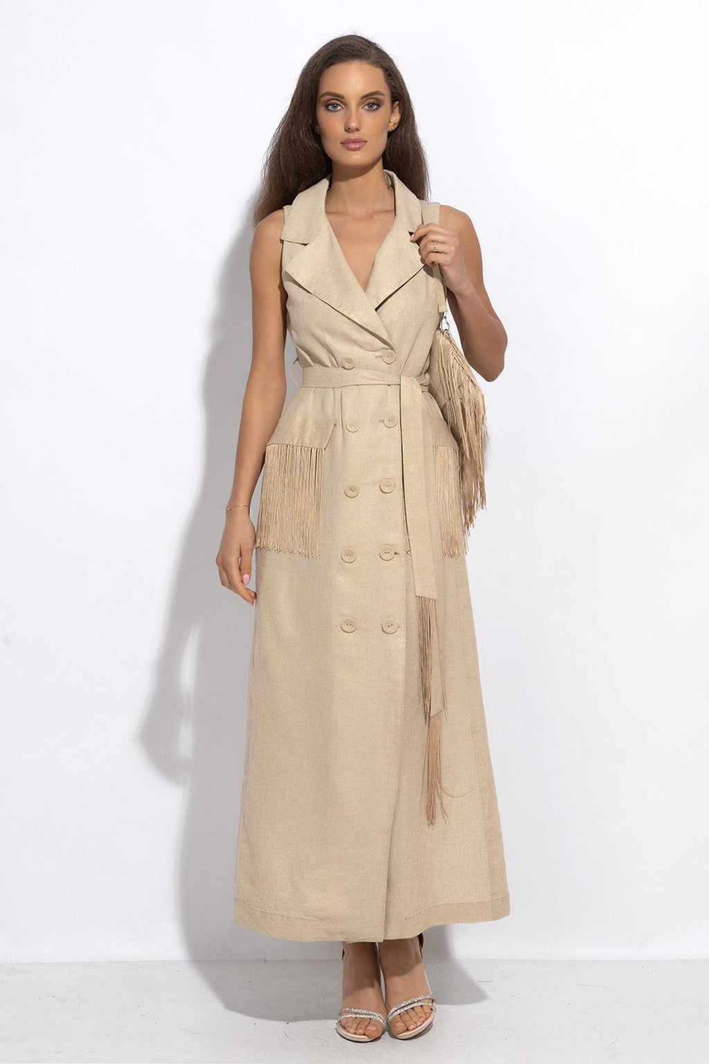 LINEN SLEEVELESS TRENCH MIDI DRESS WITH FRINGES - ESSENTIALS