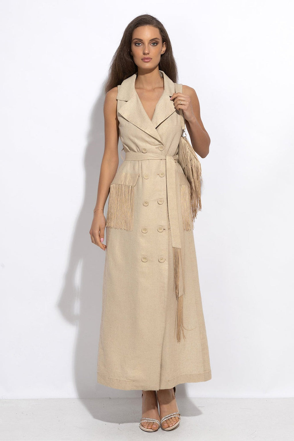 LINEN SLEEVELESS TRENCH MIDI DRESS WITH FRINGES - ESSENTIALS - Fashion Roots