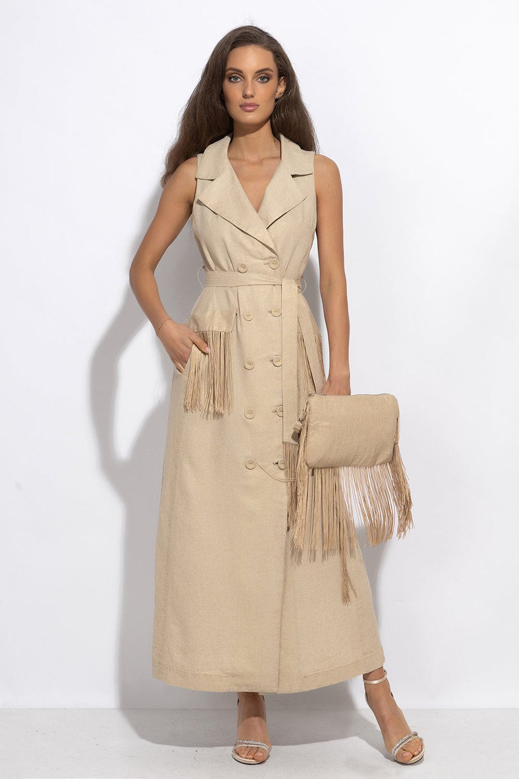 LINEN SLEEVELESS TRENCH MIDI DRESS WITH FRINGES - ESSENTIALS
