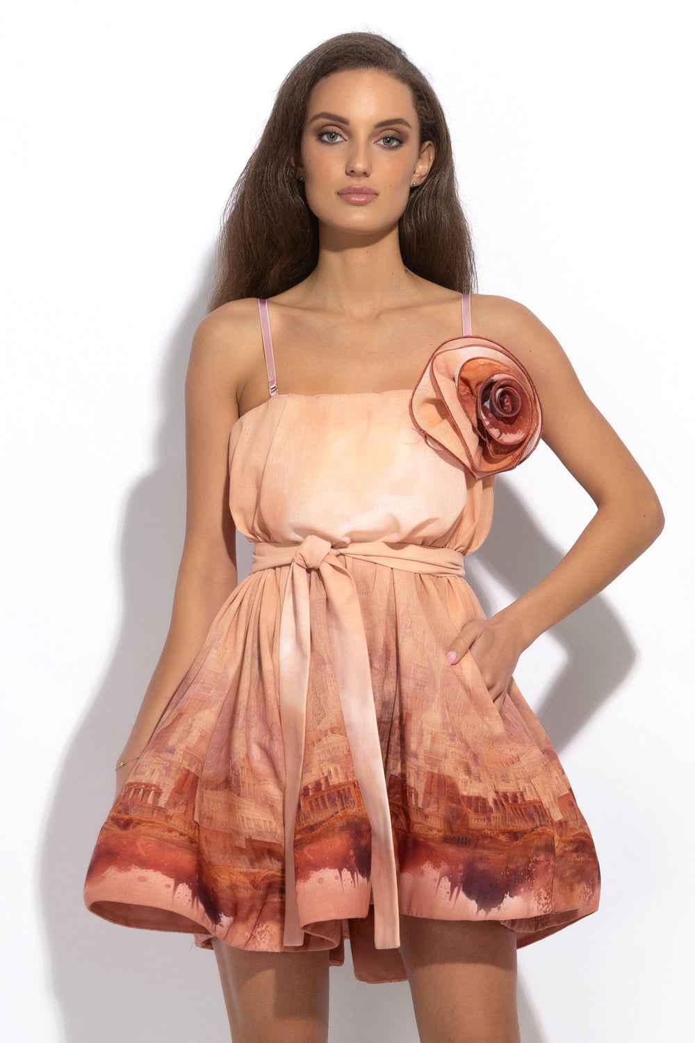 A-LINE CORSET LINEN DRESS WITH FLORAL DETAILS - ANCIENT TOWN