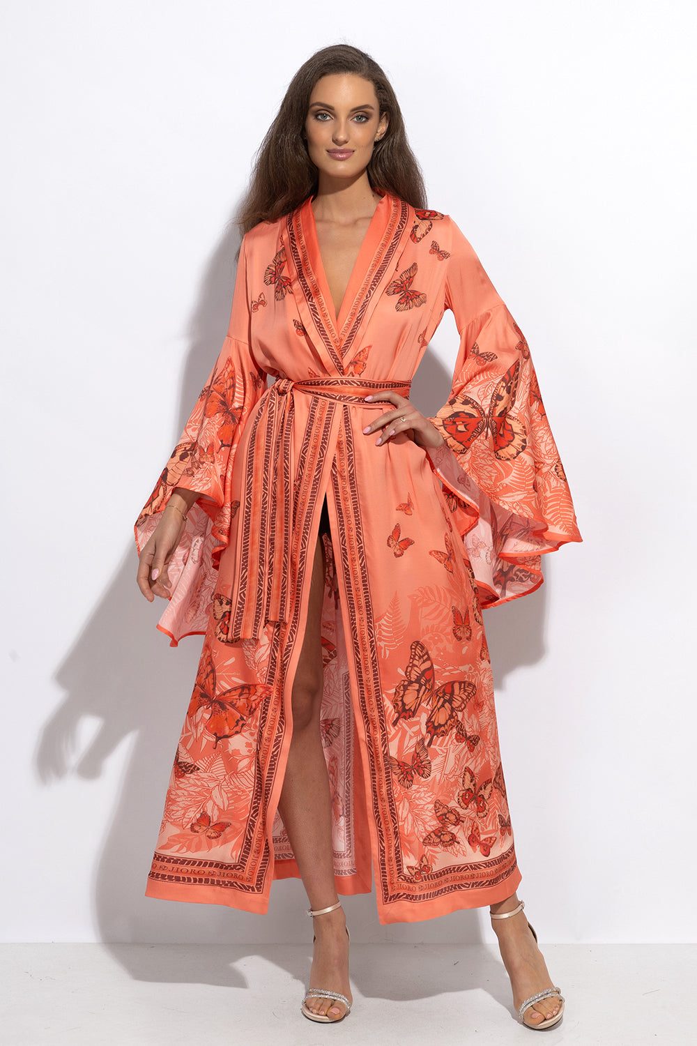 VISCOSE KIMONO WITH DRAPED BACK AND SHAWL COLLAR - PAPAYA BUTTERFLIES JIORO КИМОНО ОТ ВИСКОЗА С ШАЛ ЯКА И ДРАПИРАН ГРЪБ - PAPAYA BUTTERFLIES JIORO