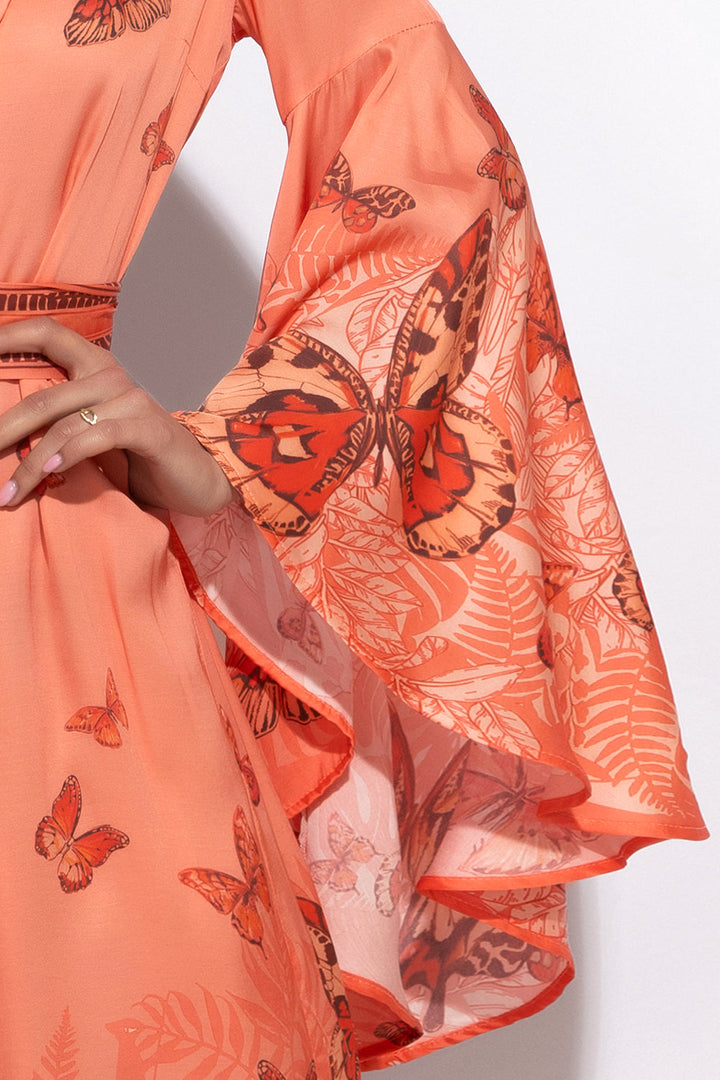 VISCOSE KIMONO WITH DRAPED BACK AND SHAWL COLLAR - PAPAYA BUTTERFLIES JIORO КИМОНО ОТ ВИСКОЗА С ШАЛ ЯКА И ДРАПИРАН ГРЪБ - PAPAYA BUTTERFLIES JIORO