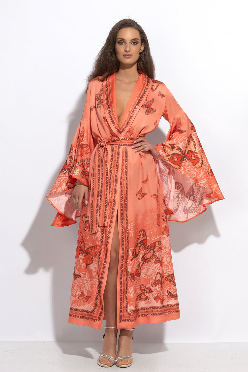 VISCOSE KIMONO WITH DRAPED BACK AND SHAWL COLLAR - PAPAYA BUTTERFLIES JIORO КИМОНО ОТ ВИСКОЗА С ШАЛ ЯКА И ДРАПИРАН ГРЪБ - PAPAYA BUTTERFLIES JIORO