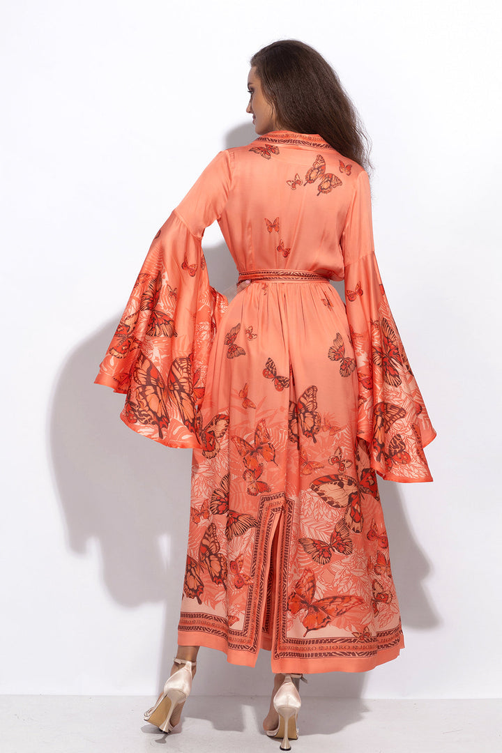 VISCOSE KIMONO WITH DRAPED BACK AND SHAWL COLLAR - PAPAYA BUTTERFLIES JIORO КИМОНО ОТ ВИСКОЗА С ШАЛ ЯКА И ДРАПИРАН ГРЪБ - PAPAYA BUTTERFLIES JIORO