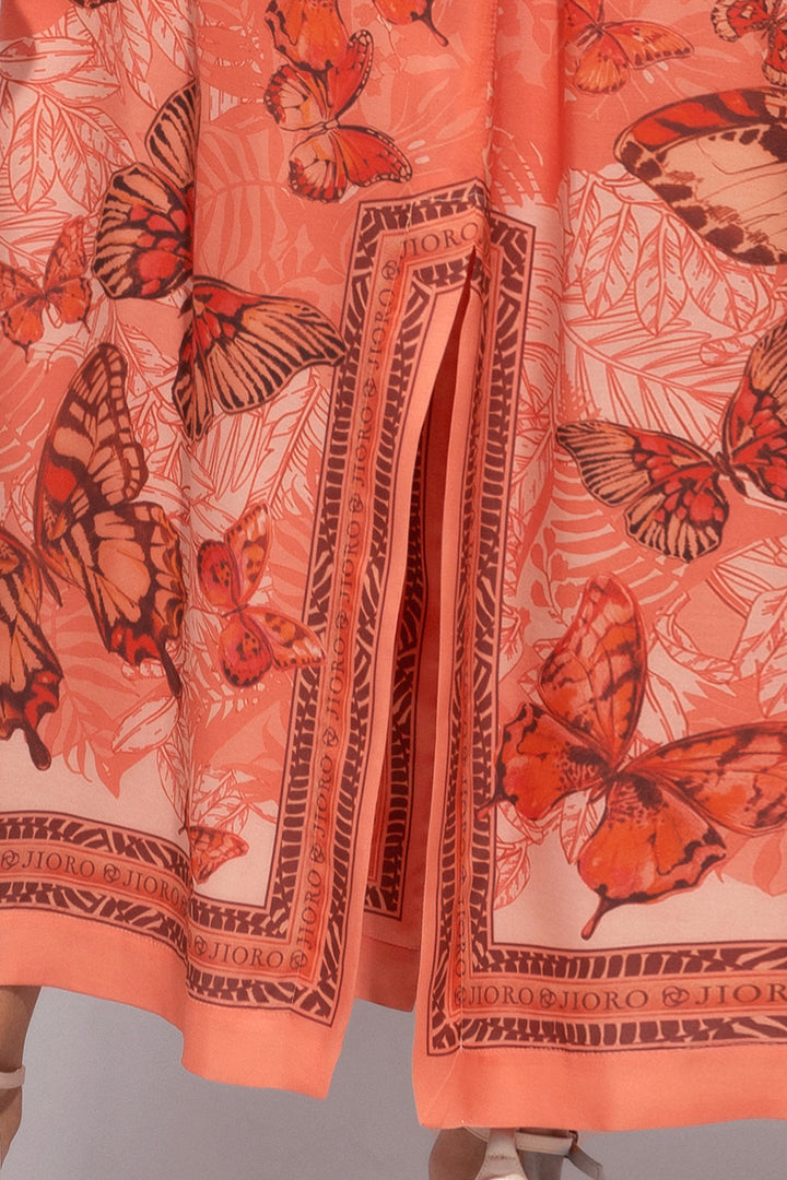 VISCOSE KIMONO WITH DRAPED BACK AND SHAWL COLLAR - PAPAYA BUTTERFLIES JIORO КИМОНО ОТ ВИСКОЗА С ШАЛ ЯКА И ДРАПИРАН ГРЪБ - PAPAYA BUTTERFLIES JIORO