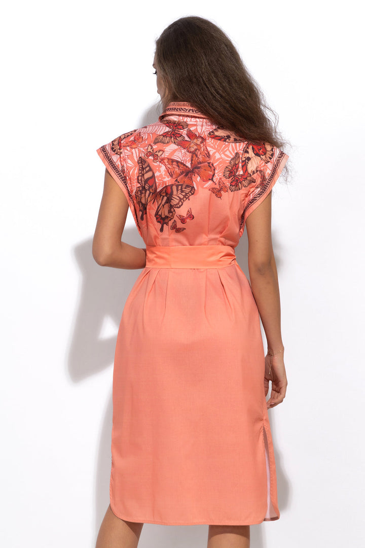 POPLIN SHIRT DRESS WITH OVAL HEM AND DRAPED WAIST - PAPAYA BUTTERFLIES JIORO РОКЛЯ ТИП РИЗА ОТ ПОПЛИН С ОВАЛЕН ПОДГЪВ - PAPAYA BUTTERFLIES JIORO
