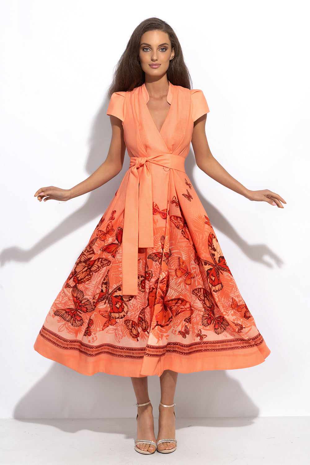 LONG FLARED LINEN DRESS - PAPAYA BUTTERFLIES JIORO ДЪЛГА РАЗКРОЕНА РОКЛЯ ОТ ЛЕН - PAPAYA BUTTERFLIES JIORO