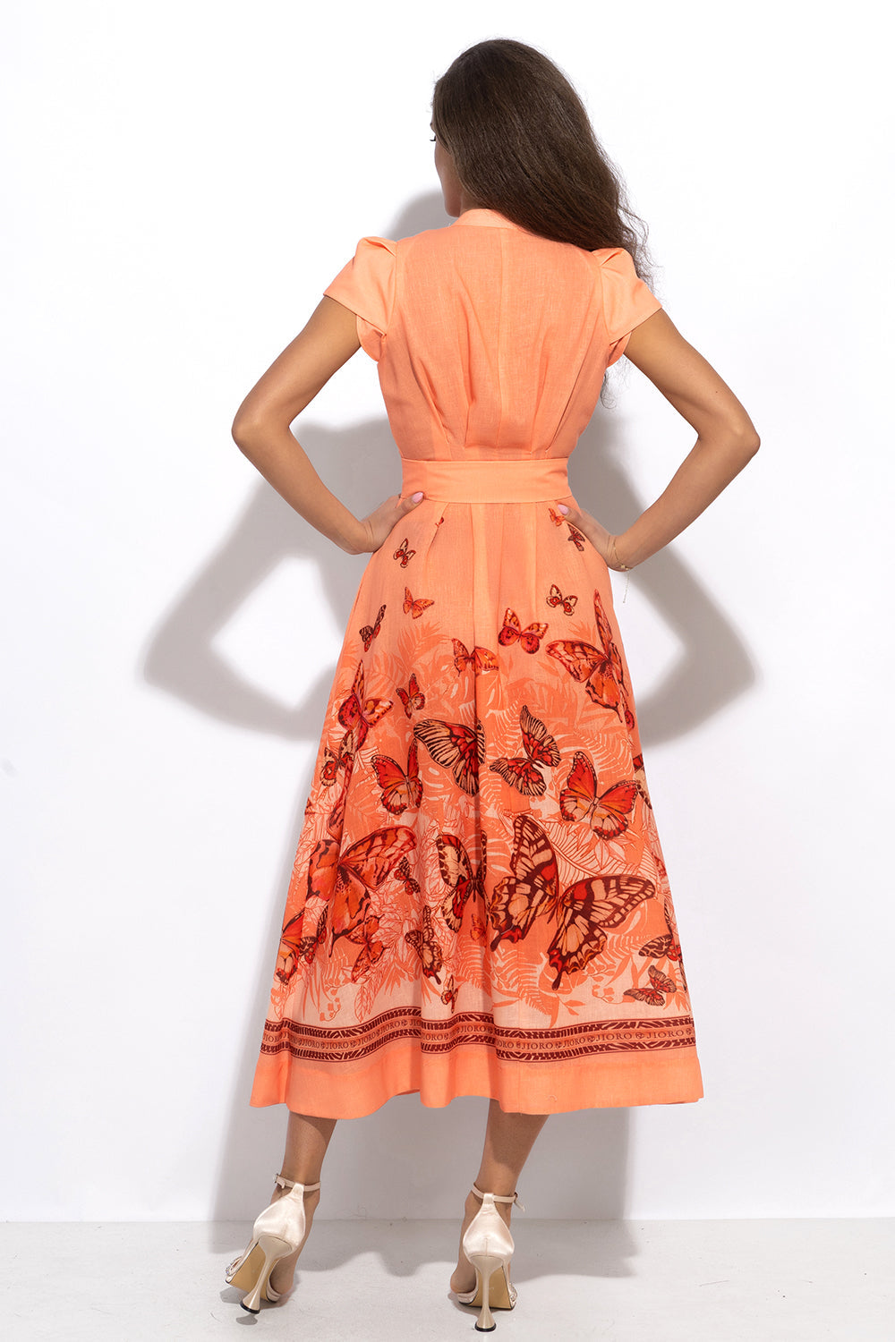 LONG FLARED LINEN DRESS - PAPAYA BUTTERFLIES JIORO ДЪЛГА РАЗКРОЕНА РОКЛЯ ОТ ЛЕН - PAPAYA BUTTERFLIES JIORO
