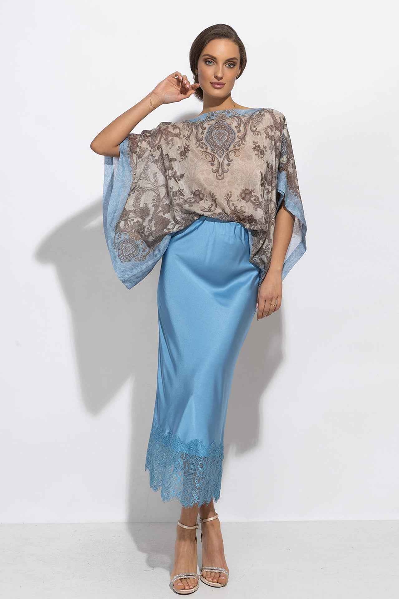 FLARED SKIRT WITH LACE TRIM IN SKY BLUE - ESSENTIALS