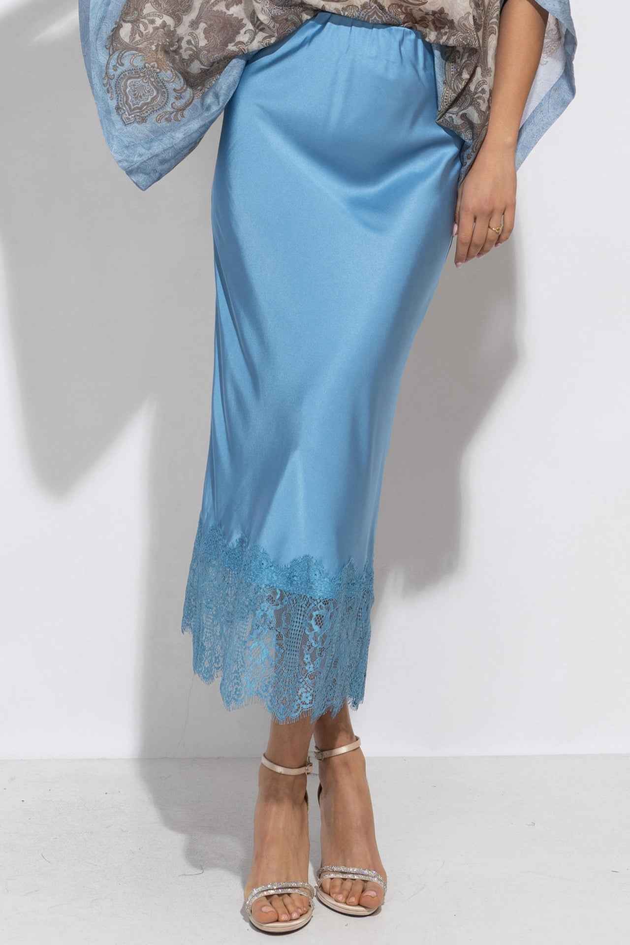 FLARED SKIRT WITH LACE TRIM IN SKY BLUE - ESSENTIALS