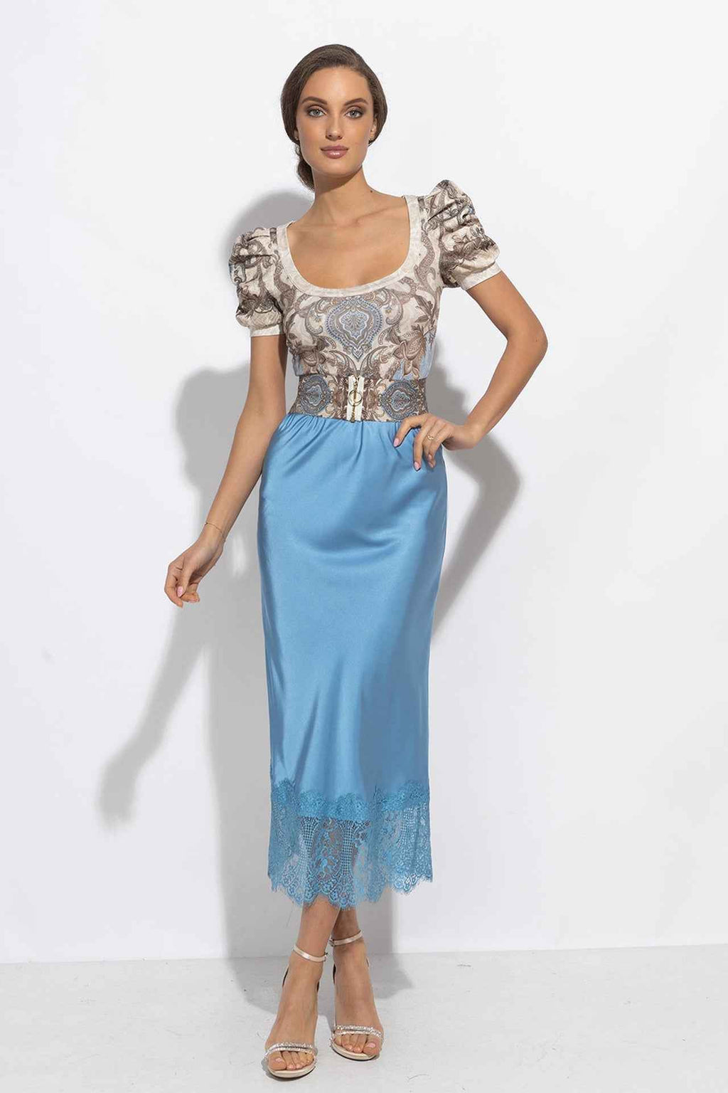 FLARED SKIRT WITH LACE TRIM IN SKY BLUE - ESSENTIALS