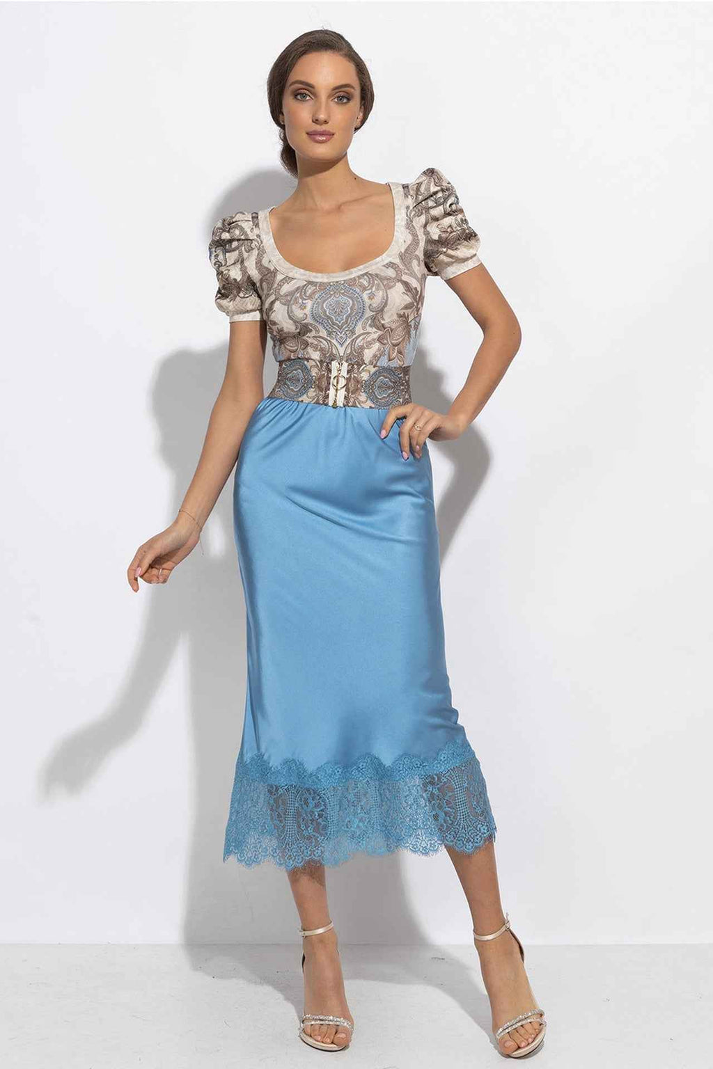 FLARED SKIRT WITH LACE TRIM IN SKY BLUE - ESSENTIALS