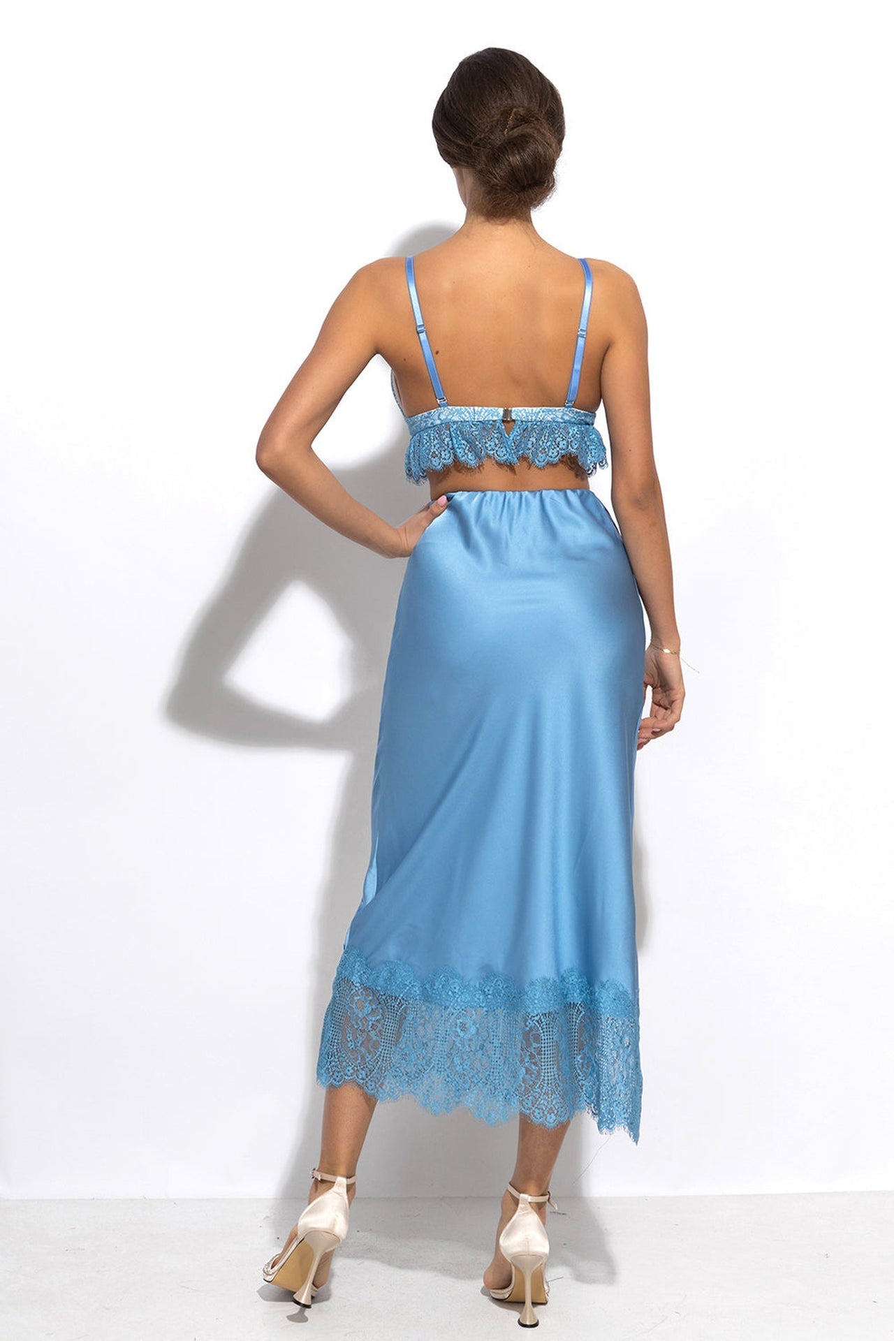 FLARED SKIRT WITH LACE TRIM IN SKY BLUE - ESSENTIALS