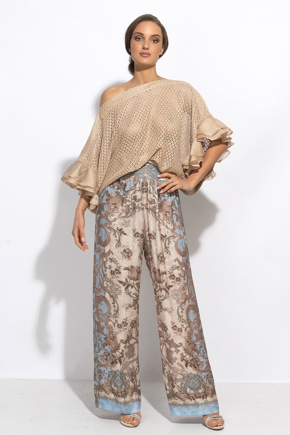 SATIN VISCOSE LOOSE FIT PANTS - PAISLEY SKY - Fashion Roots