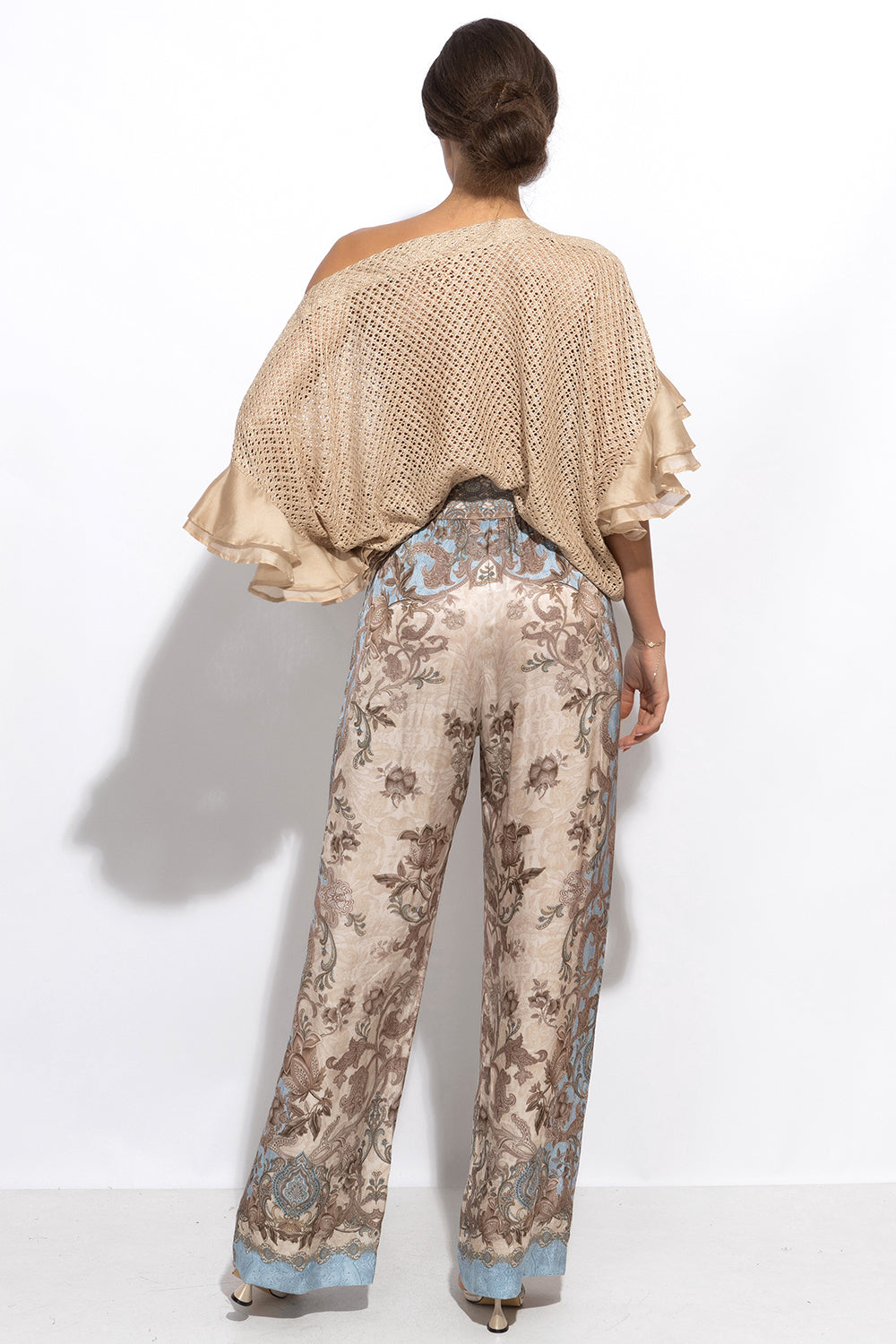 SATIN VISCOSE LOOSE FIT PANTS - PAISLEY SKY - Fashion Roots