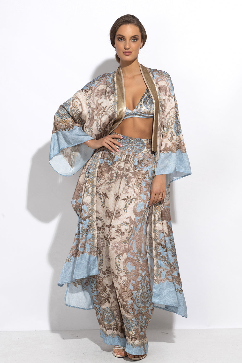 SATIN VISCOSE LOOSE FIT PANTS - PAISLEY SKY - Fashion Roots