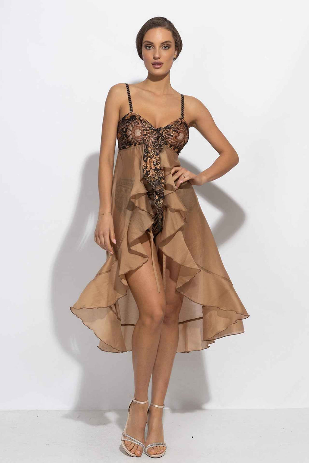 LYOCELl AND VISCOSE LONG RUFFLED TUNIC - GOLDEN STRIPES